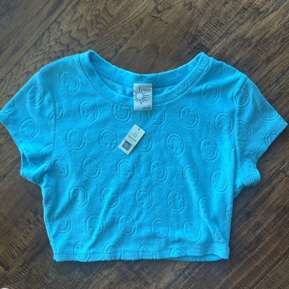 NWT Aerie Offline Smiley Face Terry Cloth Crop Top - light blue - Small - Picture 3 of 4